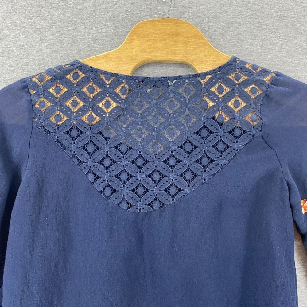 Figueroa & Flower Womens 1X Festival Peasant Hippie Boho Navy Embroidered Blouse - Picture 4 of 8